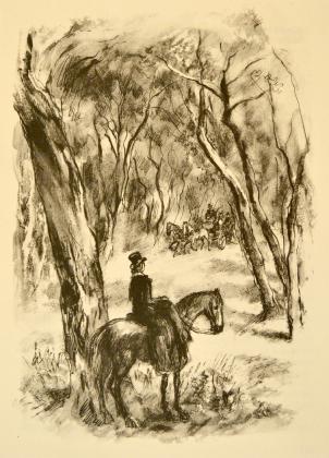 [Lady Arabelle Dudley à cheval, regardant passer Henriette et Félix en calèche]