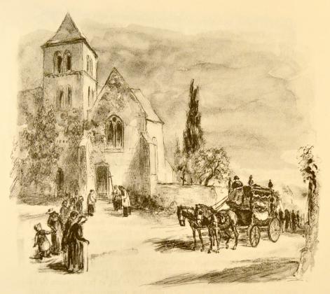 [Le cercueil d'Henriette de Mortsauf devant l'église de Saché]