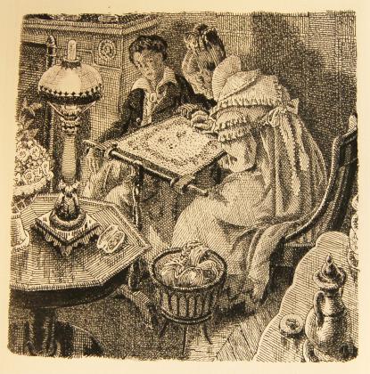 [Félix assis dans le salon, près d'Henriette penchée sur sa tapisserie]